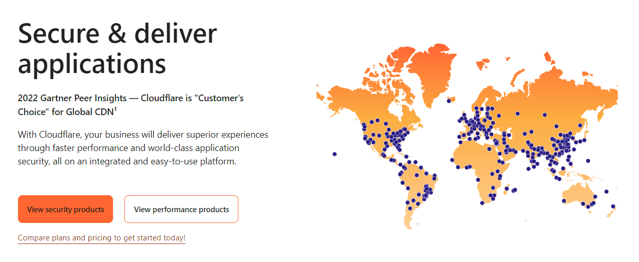 Page d'accueil de Cloudflare avec une carte montrant l'emplacement de leurs serveurs