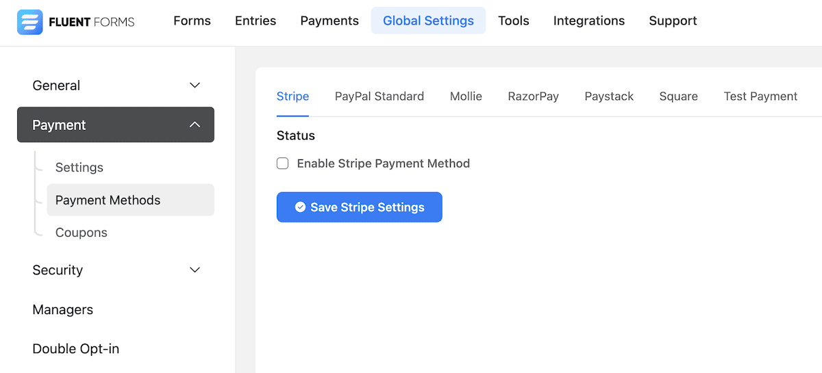 Abilitazione delle impostazioni Stripe all'interno di Fluent Forms.