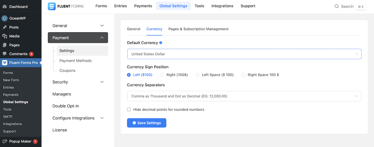 Modifica delle impostazioni di valuta per i pagamenti Fluent Forms.