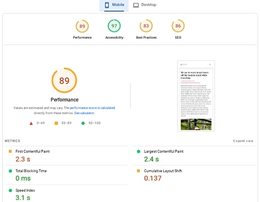 Risultati mobili di PageSpeed ​​Insights dopo aver utilizzato NitroPack