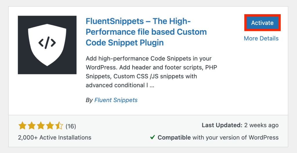 FluentSnippets - Activer le plugin