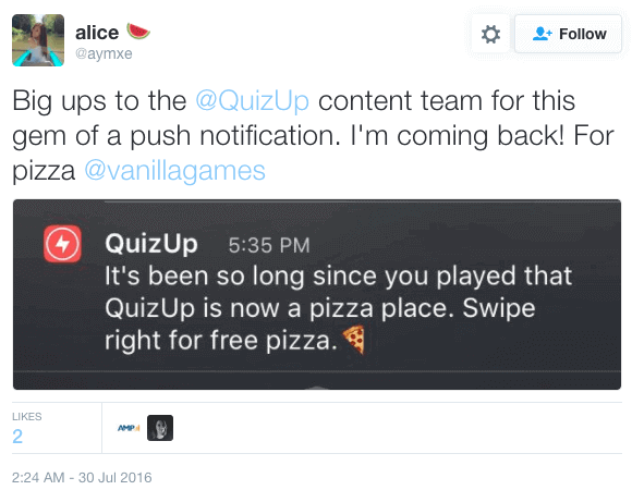 quizup meilleures notifications push d'application