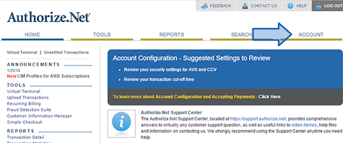 Pannello di controllo dell'account Authorize.net