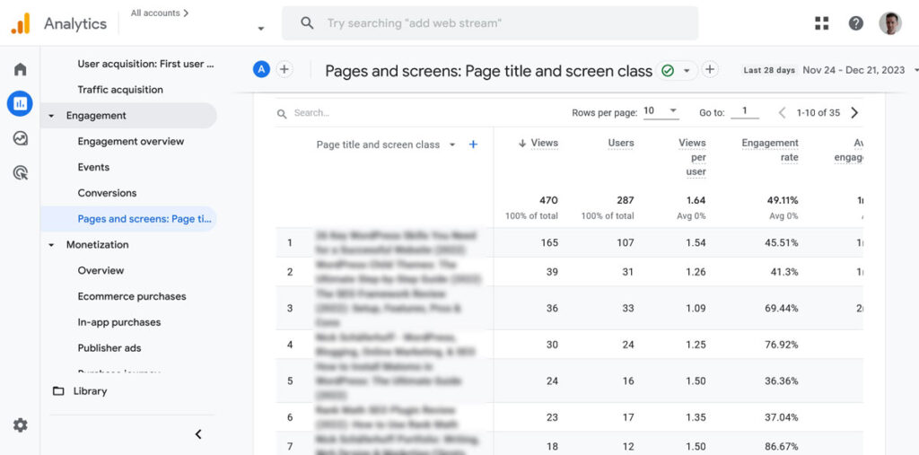 Rapporto sulle pagine e sulle schermate di Google Analytics