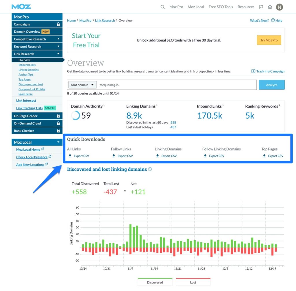 opzioni di download di moz open link explorer per il rapporto seo