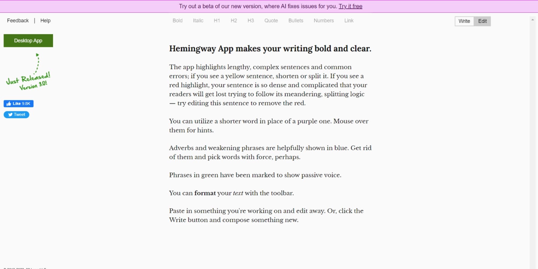 Uno screenshot della home page dell'editore Hemmingway