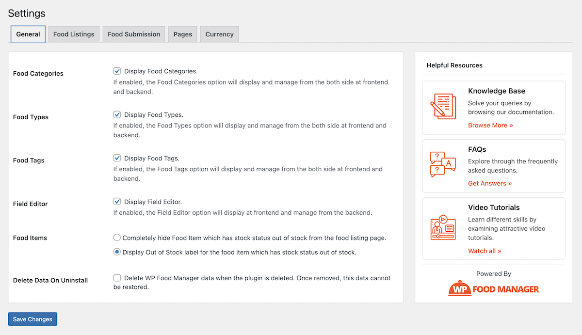 A página de configurações do WP Food Manager.