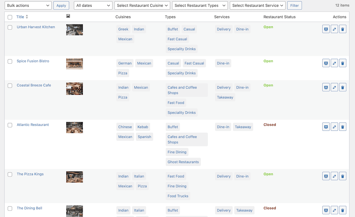 شاشة جميع المطاعم ضمن WP Food Manager.