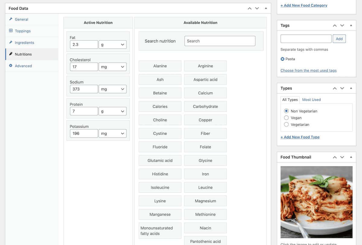 Food Data 메타박스 내의 영양 화면.