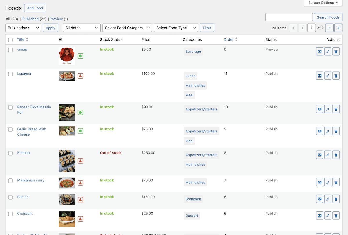 L'écran Tous les aliments sur le tableau de bord WP Food Manager.