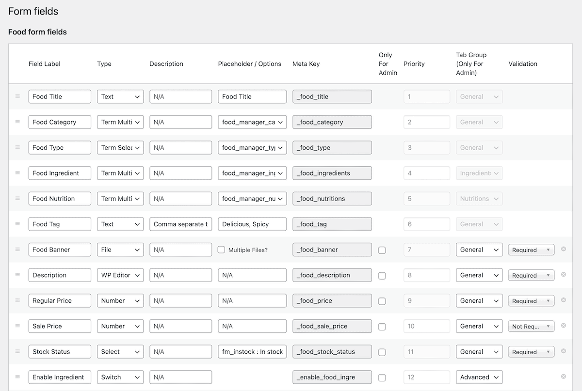 Layar bidang Formulir dalam WP Food Manager.