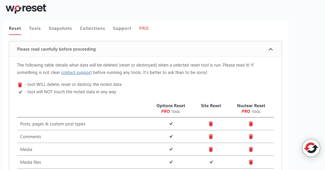 Advanced WordPress Reset ti consente di ripristinare l'intera installazione di WordPress (o parti di essa).