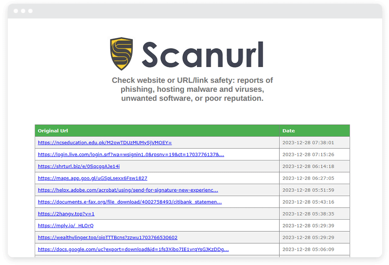 Uma captura de tela do site Scanurl