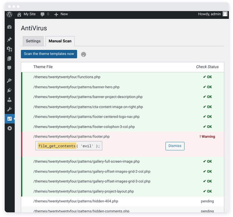 AntiVirus プラグインの手動スキャン ダッシュボードのスクリーンショット。