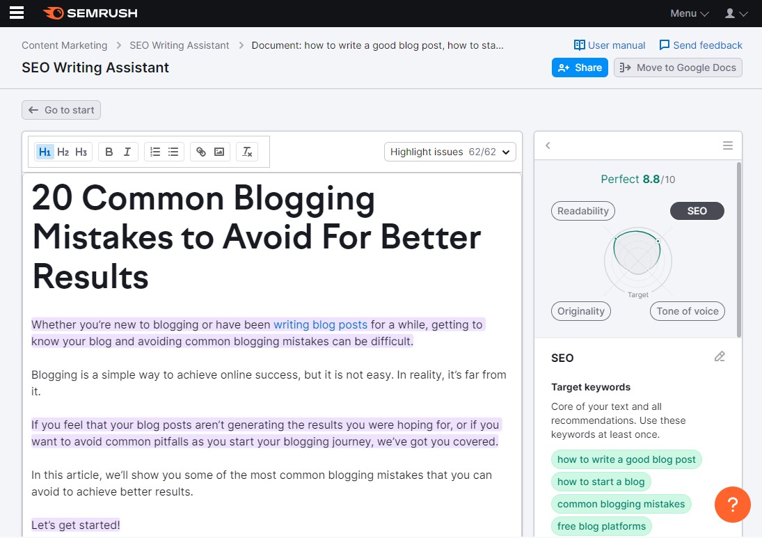 Assistente di scrittura SEO Semrush