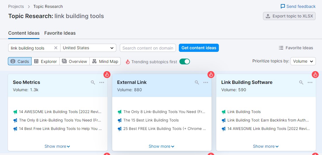 Investigación de temas de Semrush