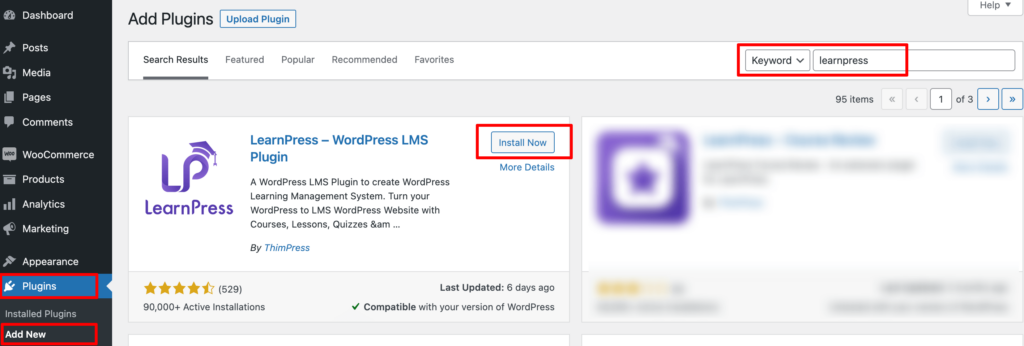 Questo è uno screenshot che mostra come installare il plugin LearnPress dalla dashboard di WordPress.