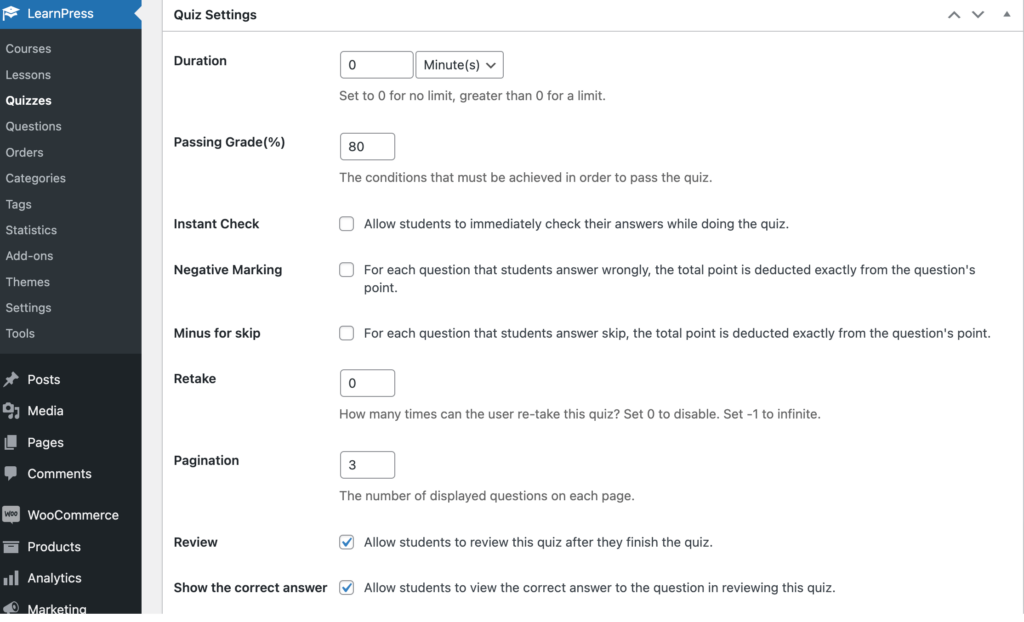 Esta é uma captura de tela que mostra as configurações do questionário