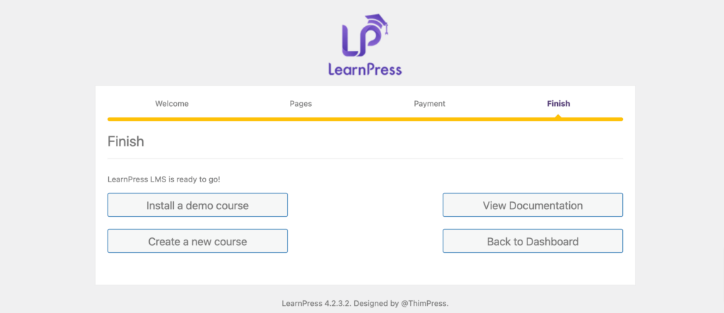 Il s'agit d'une image qui montre la dernière étape du processus de configuration du plugin LearnPress.