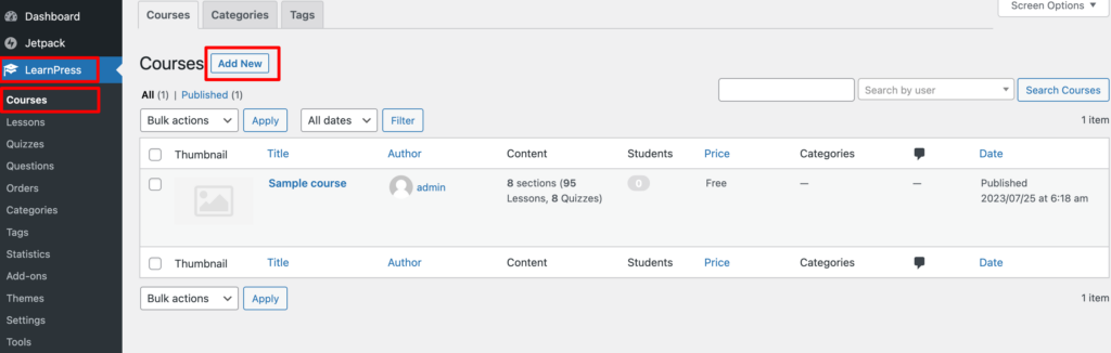 На этом снимке экрана показано, как добавить новый курс с помощью плагина LearnPress.