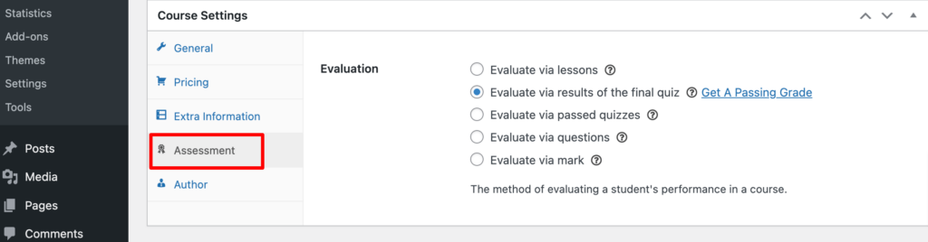 Questa è un'immagine che mostra come impostare la valutazione per un corso utilizzando il plugin LearnPress