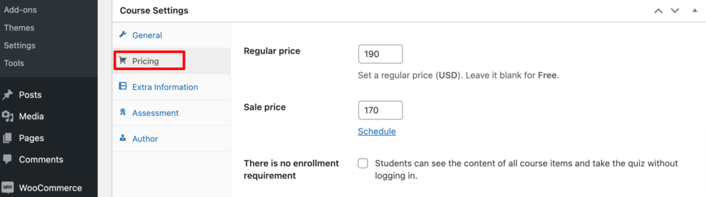 Questo è uno screenshot dell'interfaccia delle impostazioni del corso del plugin LearnPress.