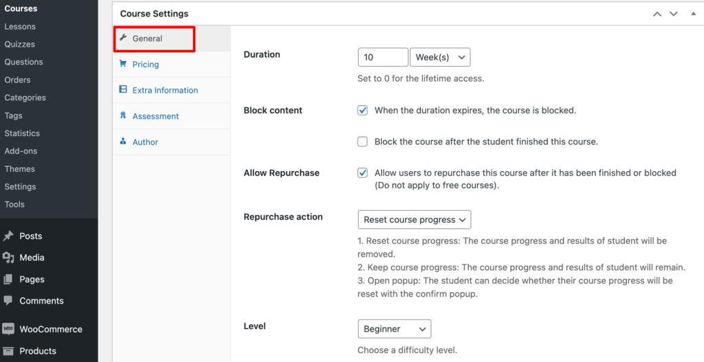 Ceci est une capture d'écran qui montre comment configurer un cours à l'aide du plugin LearnPress