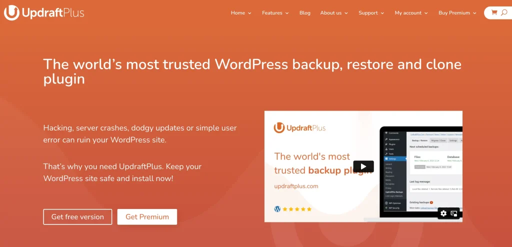 プラグインを入手して、WordPress サイトを簡単にバックアップ、復元、または複製できる、updraftplus ホームページのスクリーンショット