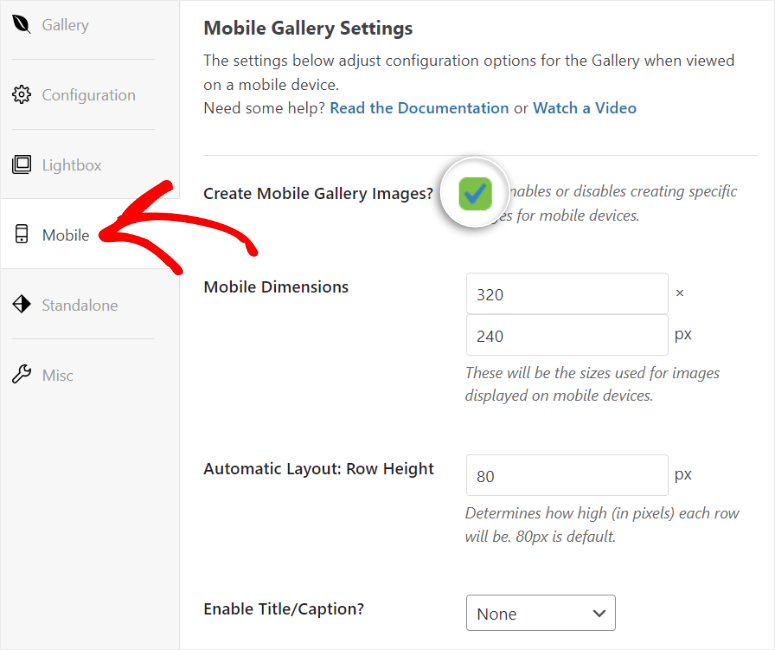 envira mobile settings