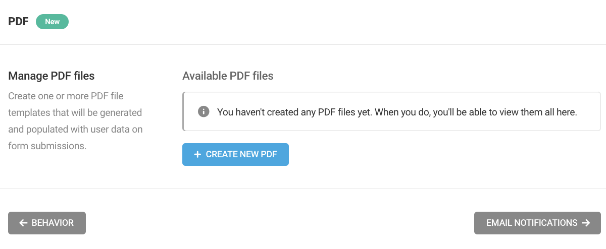 Un ecran care arată opțiunea de a crea un PDF nou.