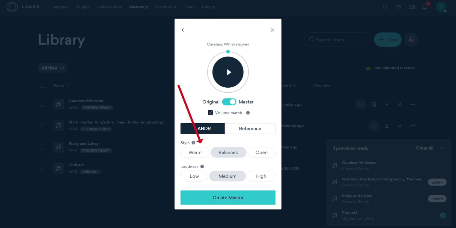 LANDR の AI を活用したマスタリング スタイルのスクリーンショット