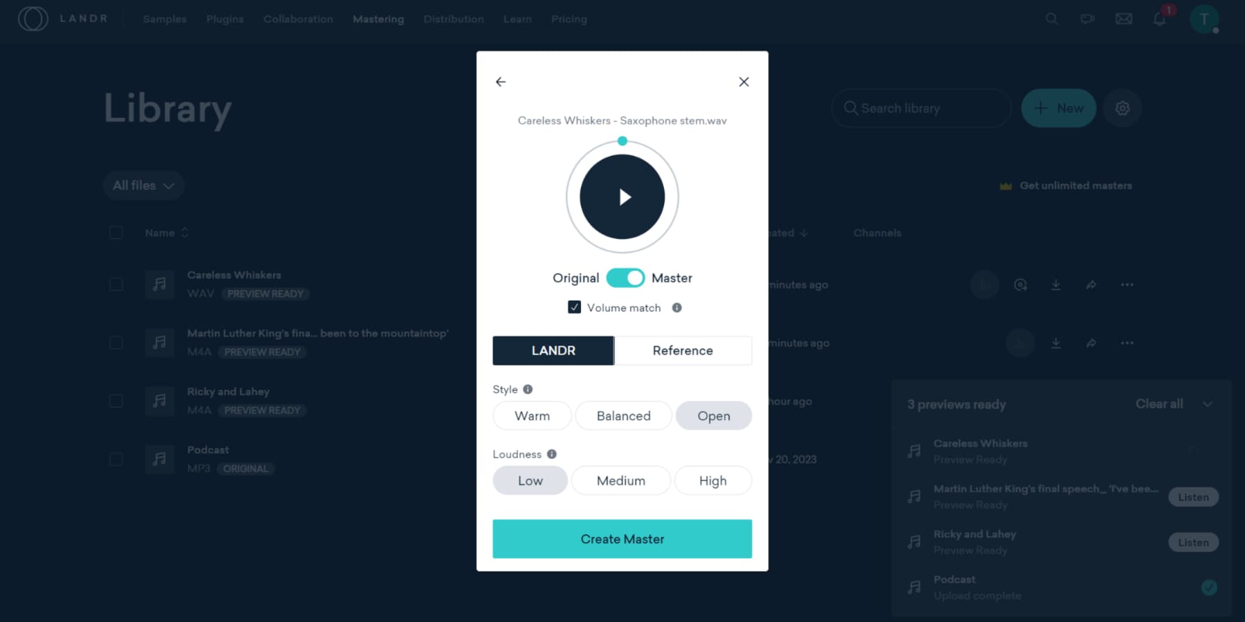 لقطة شاشة لإتقان الجذع باستخدام LANDR