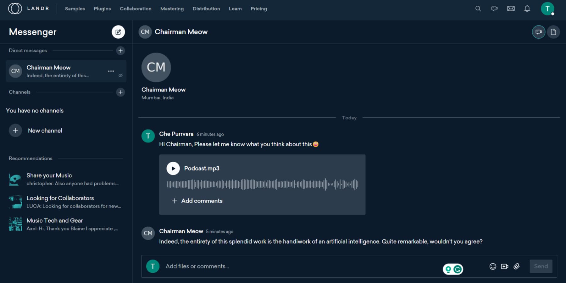 Ein Screenshot von Nachrichten und Zusammenarbeit mit LANDR