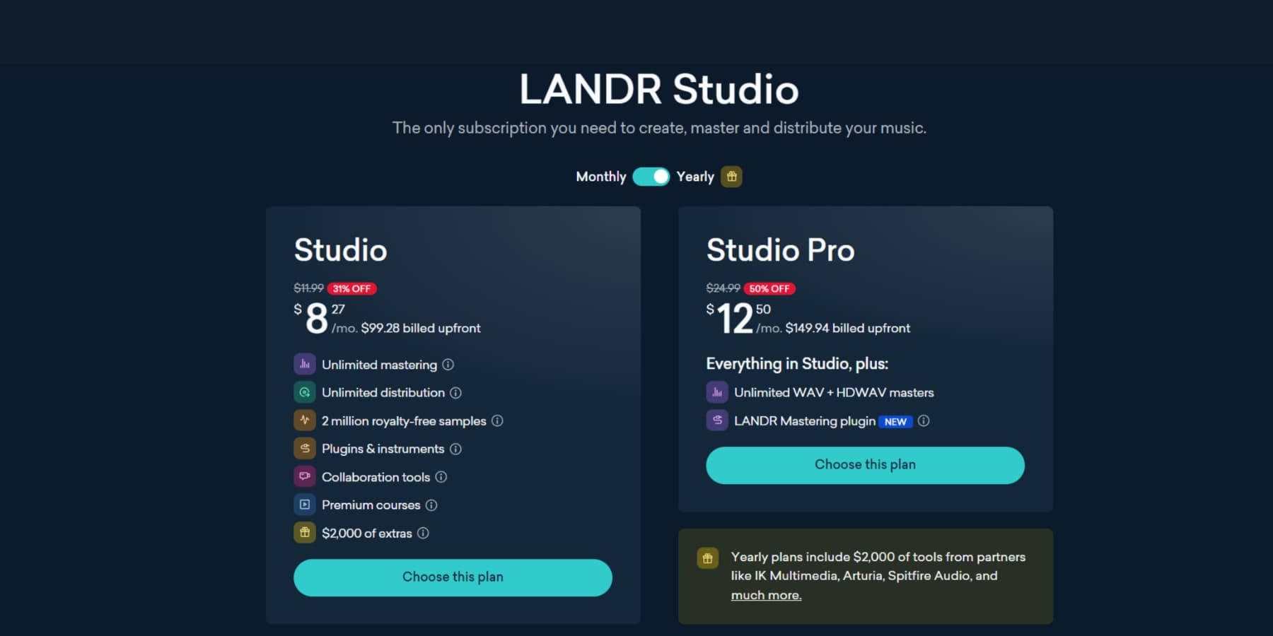 LANDR の価格設定のスクリーンショット