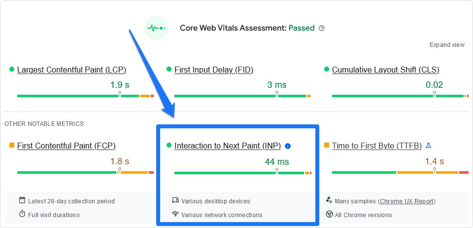 interacțiune cu următoarea vopsea în statistici pagespeed