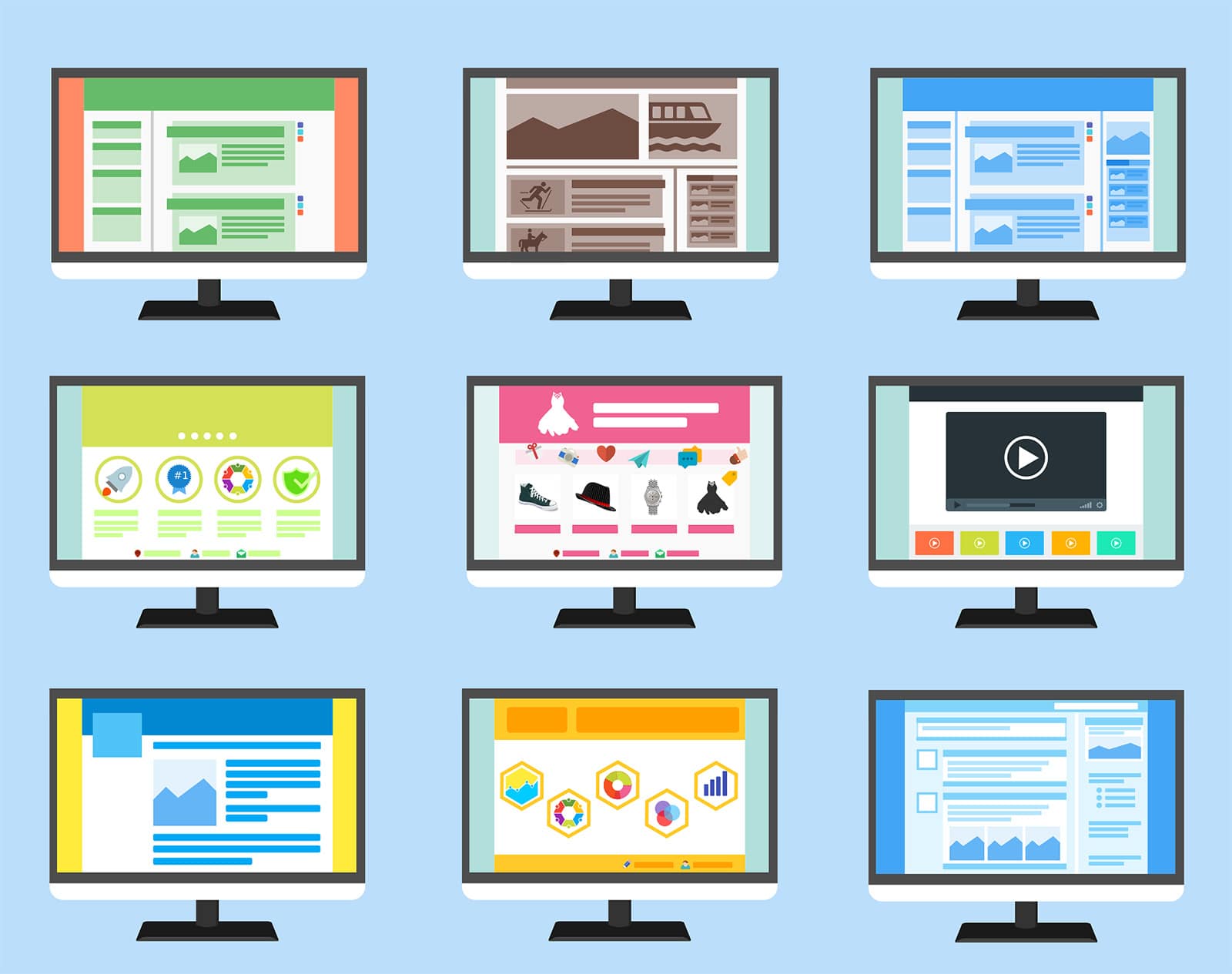 Gráfico de diferentes diseños y combinaciones de diseño para sitios web modernos de WordPress.