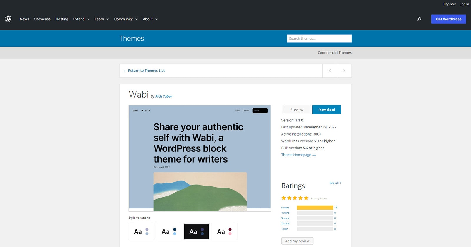 Рендеринг Wabi, одной из чистых блочных тем WordPress.