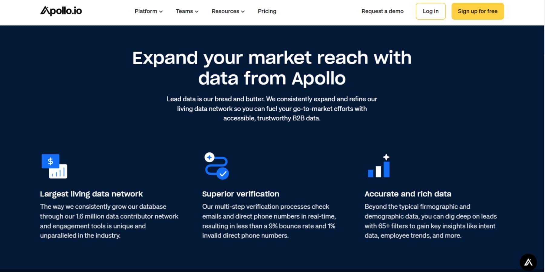 랜딩 페이지 중 하나에서 Apollo의 Accuracy 기능에 대한 설명을 보여주는 스크린샷