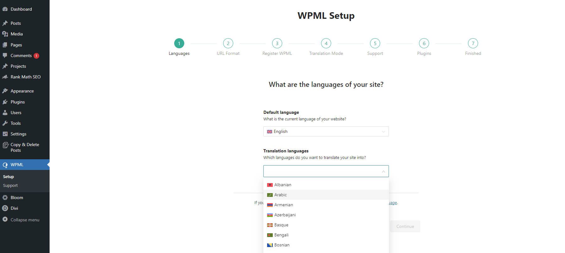 Configuração de integração do WPML - Etapas 1