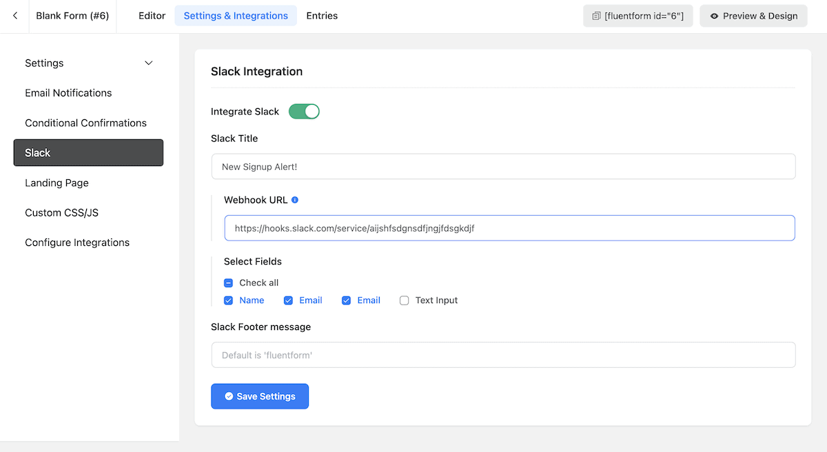 L’écran d’intégration Slack dans Fluent Forms.