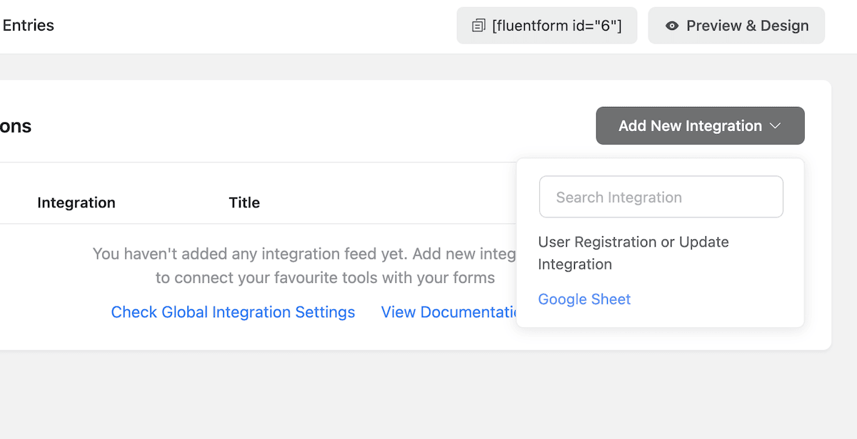 Un prim plan al meniului drop-down Adăugați o nouă integrare, inclusiv modulul Foi de calcul Google.