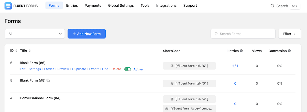 Escolhendo as configurações de um formulário no Fluent Forms.