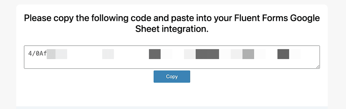 La pantalla Código de acceso de Google de Fluent Forms.