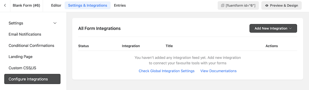 A tela Configurar integrações no Fluent Forms.