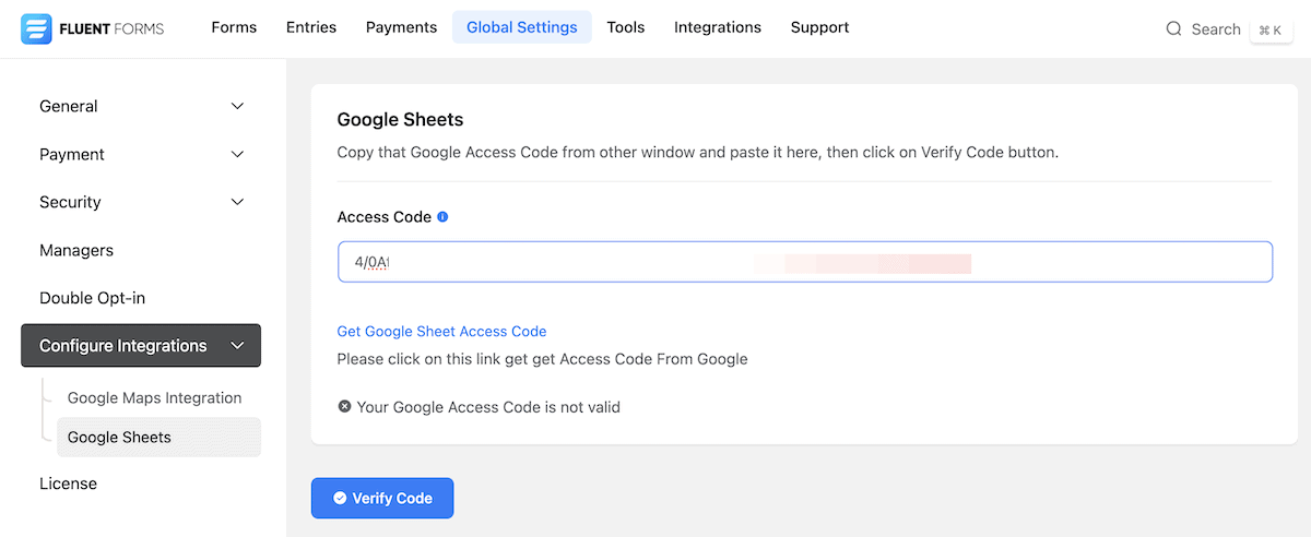 Configurações do Planilhas Google do Fluent Forms, incluindo verificação do código de acesso.