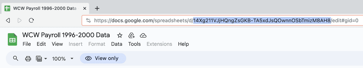 Un primer plano de la barra del navegador que muestra el ID de la hoja de cálculo.