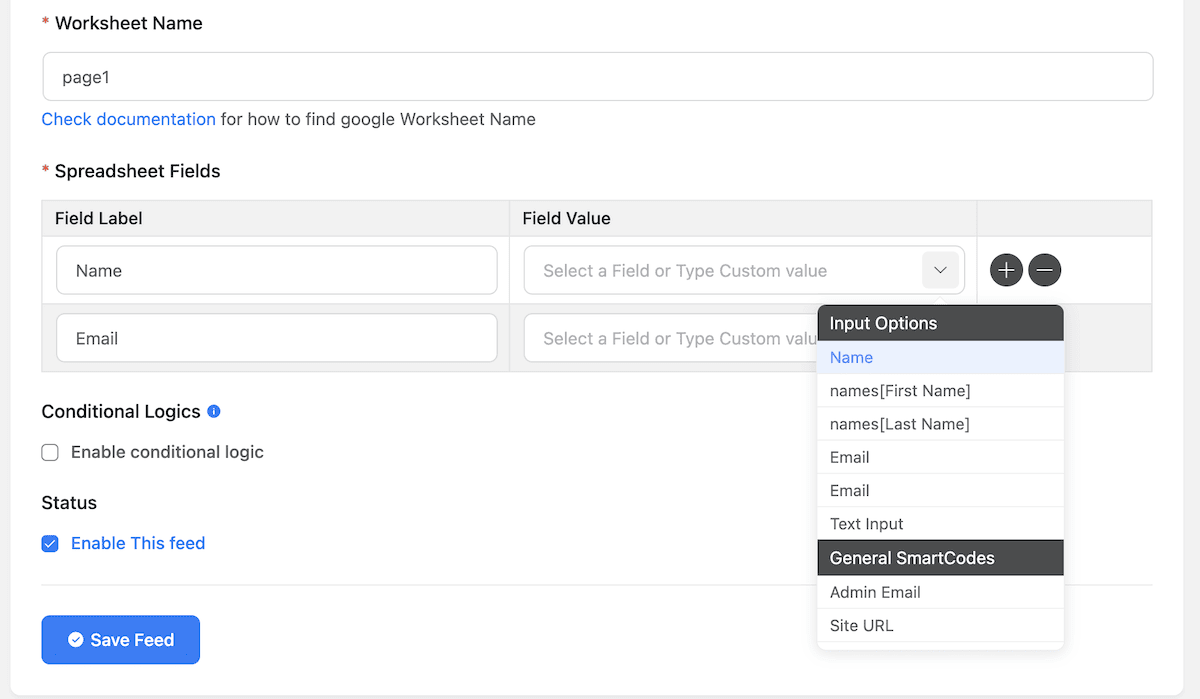 Fluent Forms 内でフィールドをスプレッドシートにマッピングします。