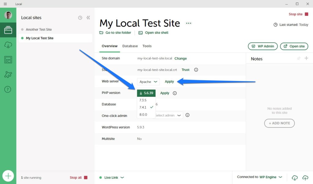 alterar o tipo de servidor php no site local