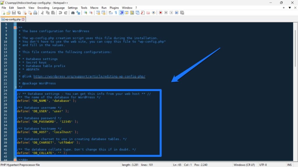 wp-config ファイル内のデータベース情報