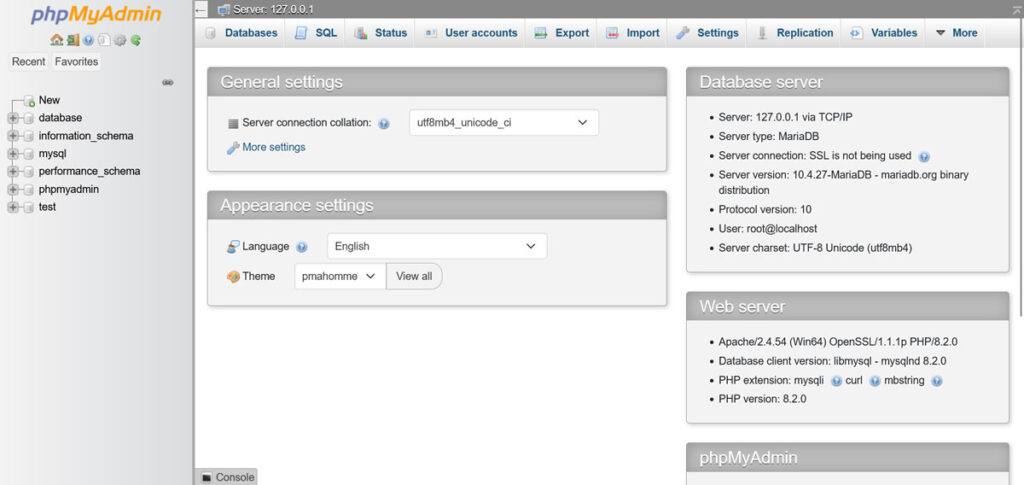 strumento di gestione del database xampp phpmyadmin